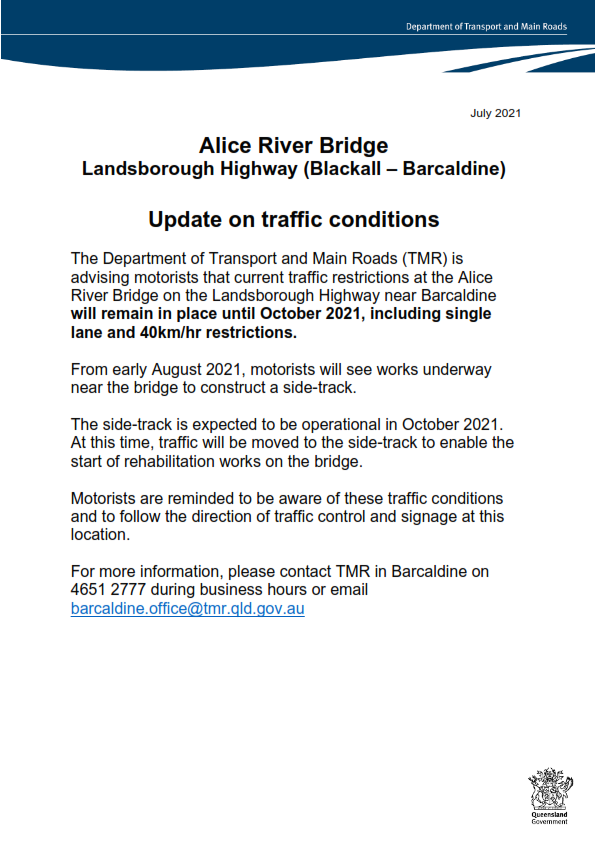 Tmr notice alice river bridge update on traffic conditions july 2021 001